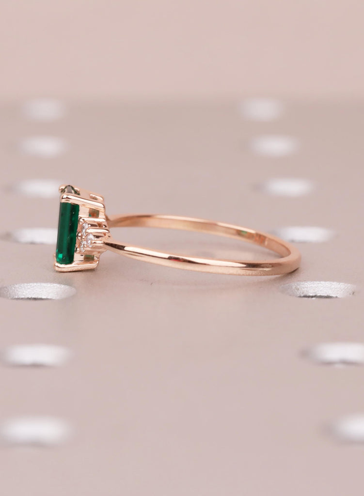 Emerald Cut Lab Created Emerald Ring, 14K 18K Rose Gold, Dainty Engagement Ring, May Birthstone Gift for Her, Diamond Accent Promise Ring image #7