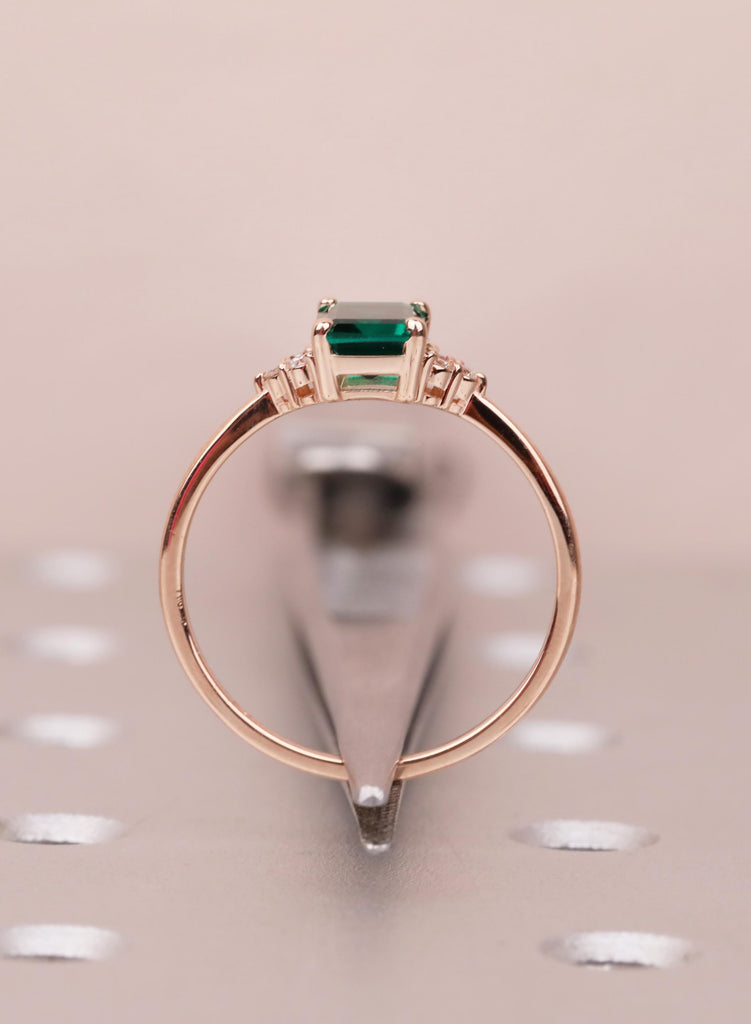 Emerald Cut Lab Created Emerald Ring, 14K 18K Rose Gold, Dainty Engagement Ring, May Birthstone Gift for Her, Diamond Accent Promise Ring image #11