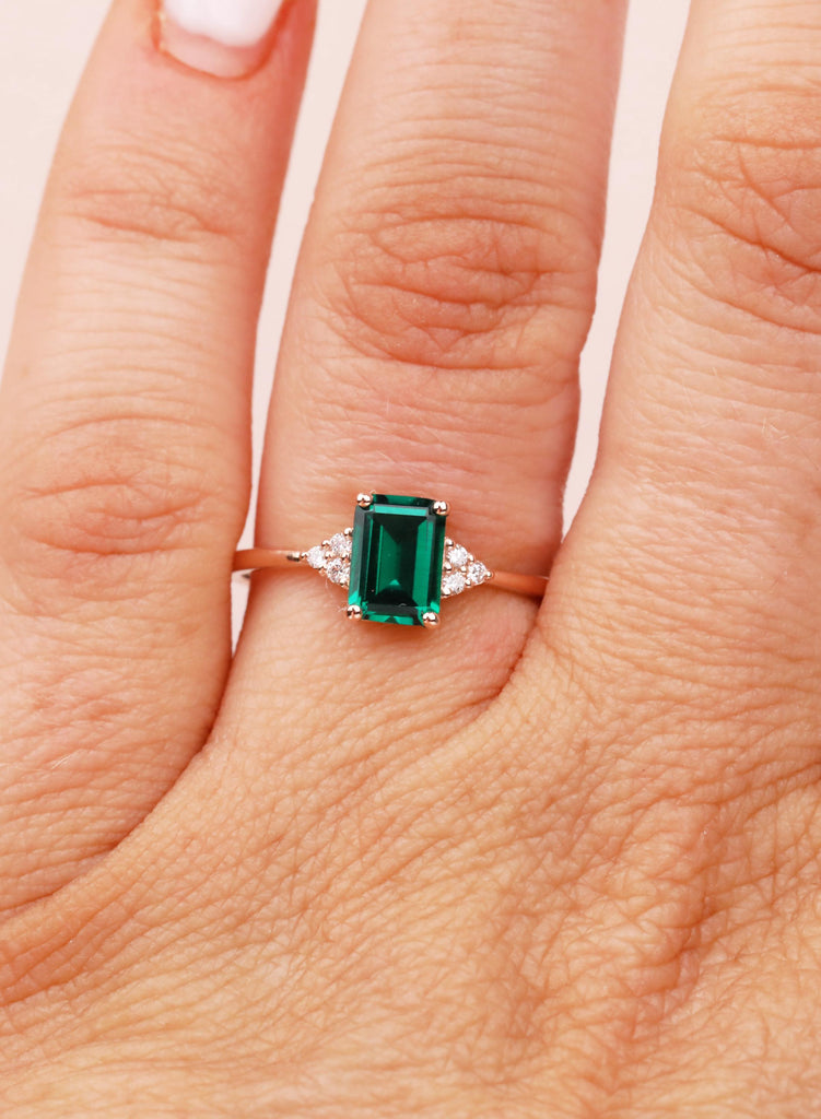 Rose Gold Emerald Cut Emerald Engagement Ring with Diamond Accents