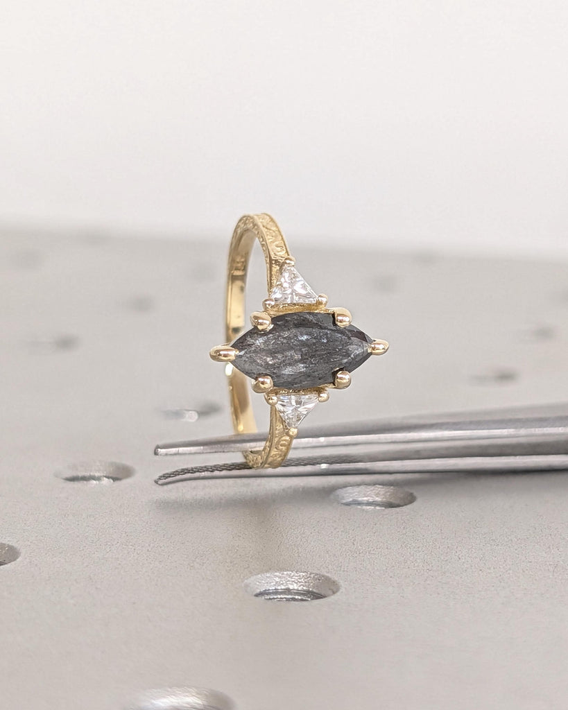 Vintage Filigree Marquise and Triangle Cut Diamond Ring, Solid 14K Yellow Gold Art Deco Engagement Wedding Ring for Women, Anniversary Ring image #1