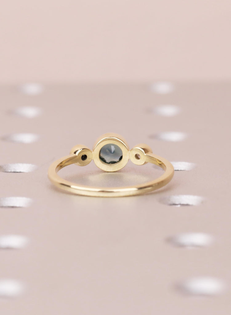 Teal Sapphire Engagement Ring, 14K Gold Bezel Set Ring, Dainty Blue Green Sapphire Diamond Trilogy Ring, Unique Three Stone Promise Ring image #5