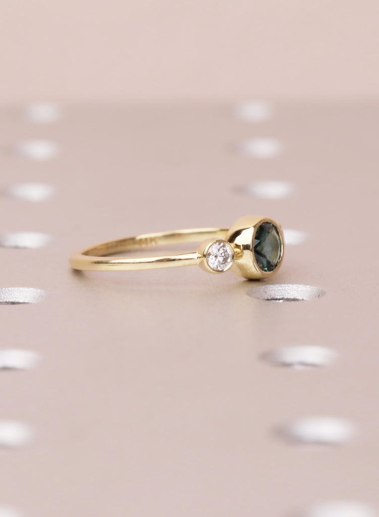 Teal Sapphire Engagement Ring, 14K Gold Bezel Set Ring, Dainty Blue Green Sapphire Diamond Trilogy Ring, Unique Three Stone Promise Ring image #3