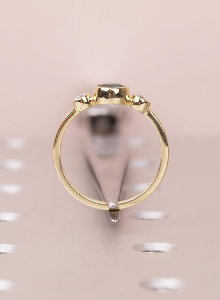 Teal Sapphire Engagement Ring, 14K Gold Bezel Set Ring, Dainty Blue Green Sapphire Diamond Trilogy Ring, Unique Three Stone Promise Ring image #11