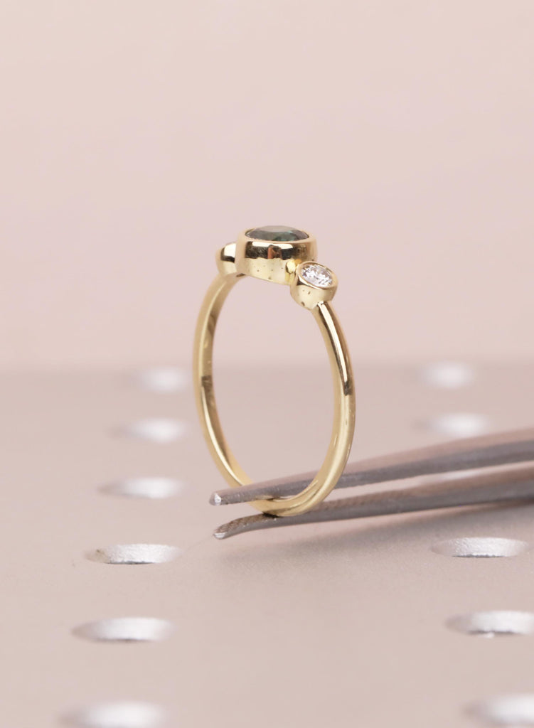Teal Sapphire Engagement Ring, 14K Gold Bezel Set Ring, Dainty Blue Green Sapphire Diamond Trilogy Ring, Unique Three Stone Promise Ring image #12