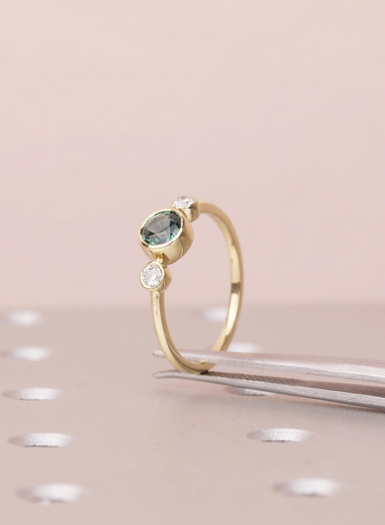 Teal Sapphire Engagement Ring, 14K Gold Bezel Set Ring, Dainty Blue Green Sapphire Diamond Trilogy Ring, Unique Three Stone Promise Ring image #7