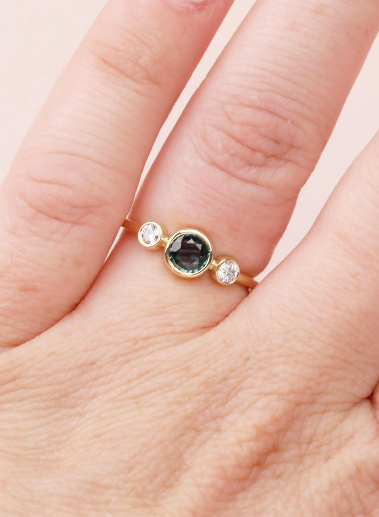 Teal Sapphire Engagement Ring, 14K Gold Bezel Set Ring, Dainty Blue Green Sapphire Diamond Trilogy Ring, Unique Three Stone Promise Ring image #15