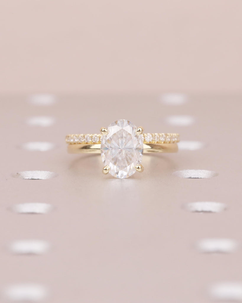 14k Gold Bridal Ring Set, Oval Engagement Ring, Moissanite Handmade Jewelry image #2
