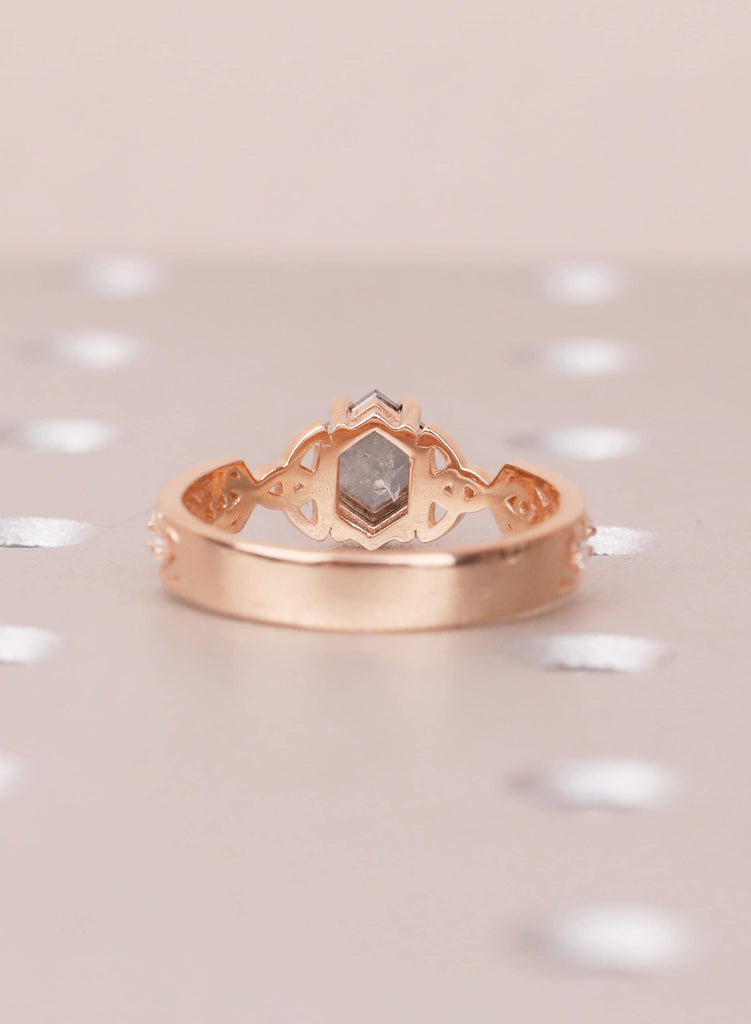 Hexagon Salt Pepper Diamond Ring, Vintage 14K Rose Gold, Celtic Art Deco Engagement For Her image #6