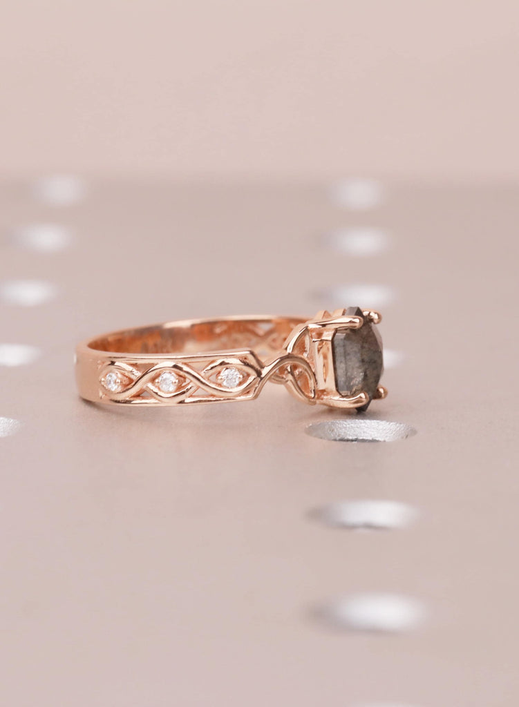 Hexagon Salt Pepper Diamond Ring, Vintage 14K Rose Gold, Celtic Art Deco Engagement For Her image #4