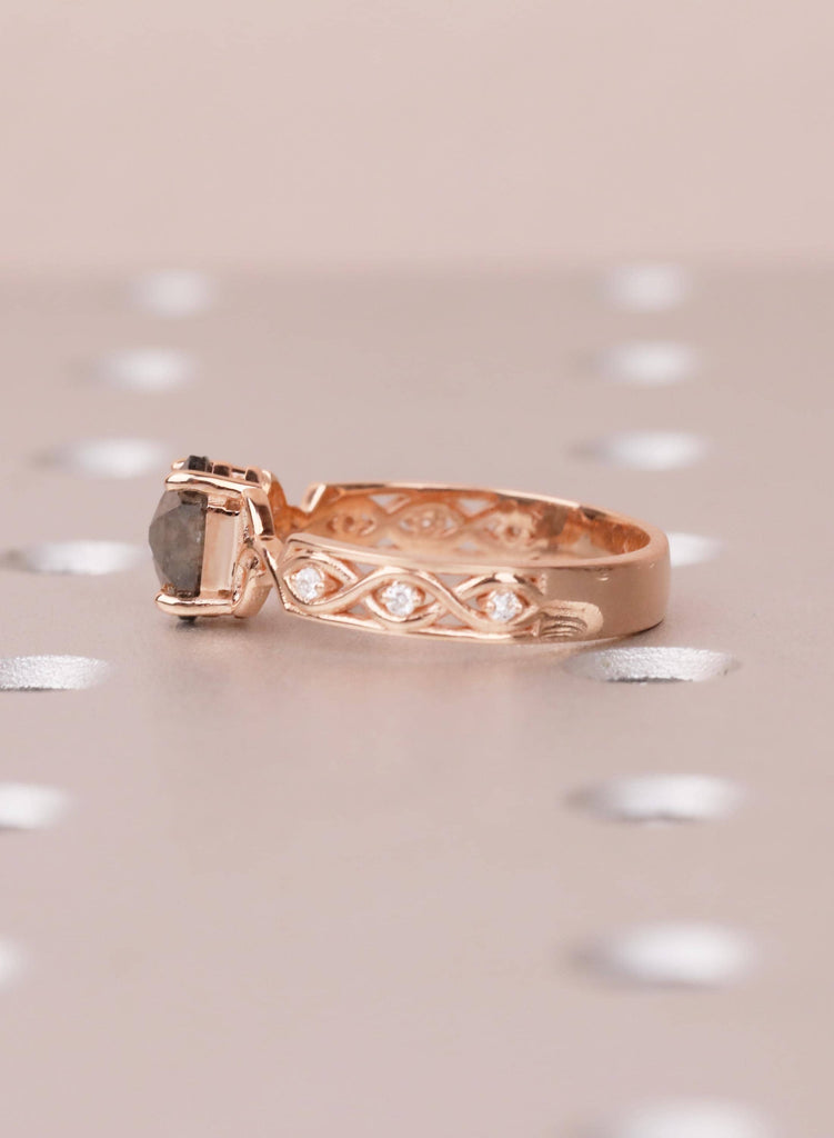 Hexagon Salt Pepper Diamond Ring, Vintage 14K Rose Gold, Celtic Art Deco Engagement For Her image #7