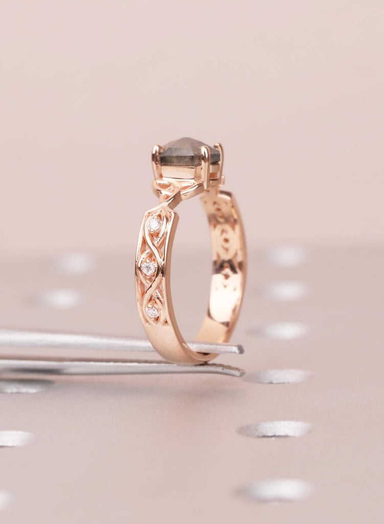 Hexagon Salt Pepper Diamond Ring, Vintage 14K Rose Gold, Celtic Art Deco Engagement For Her image #12