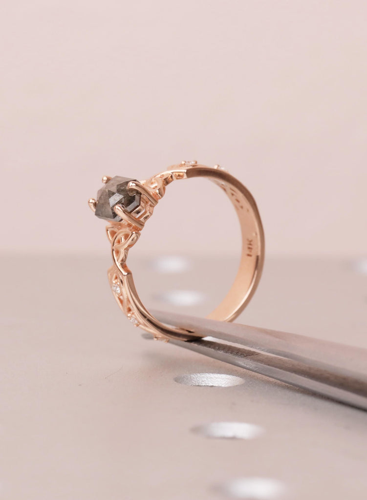 Celtic Salt and Pepper Diamond Engagement Ring, 14K Rose Gold Art Deco Wedding Ring for Women, Unique Hexagon Diamond Promise Ring For Her image #7