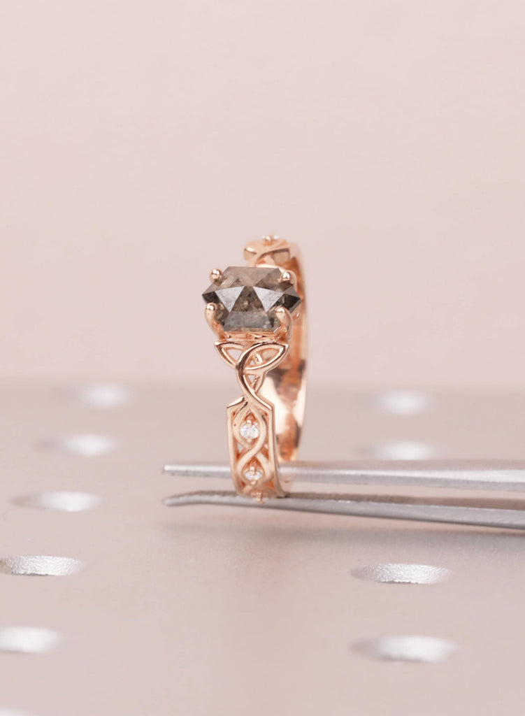 Hexagon Salt Pepper Diamond Ring, Vintage 14K Rose Gold, Celtic Art Deco Engagement For Her image #9