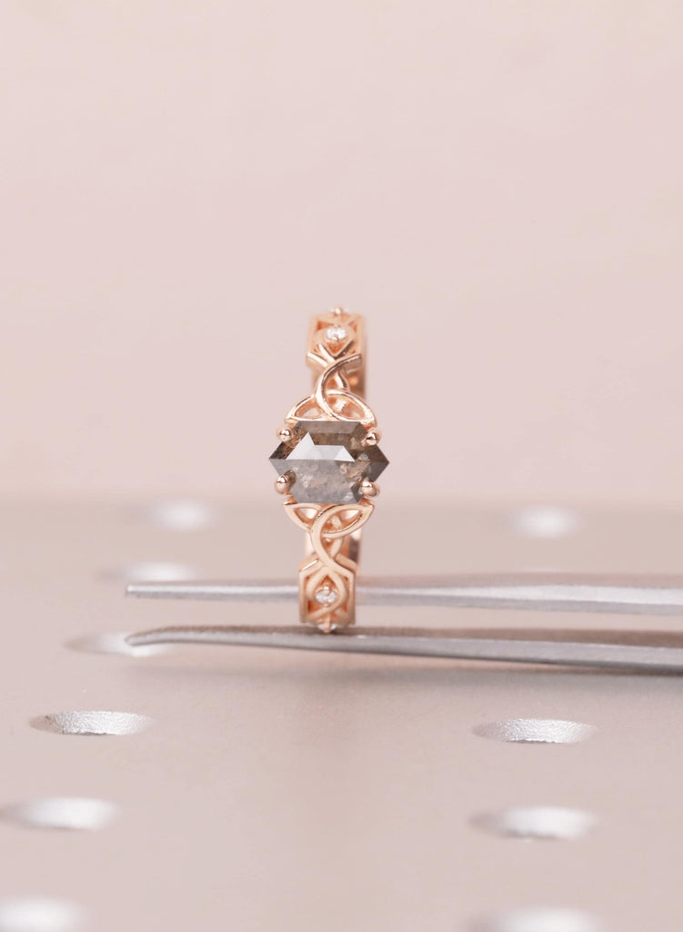 Hexagon Salt Pepper Diamond Ring, Vintage 14K Rose Gold, Celtic Art Deco Engagement For Her image #10
