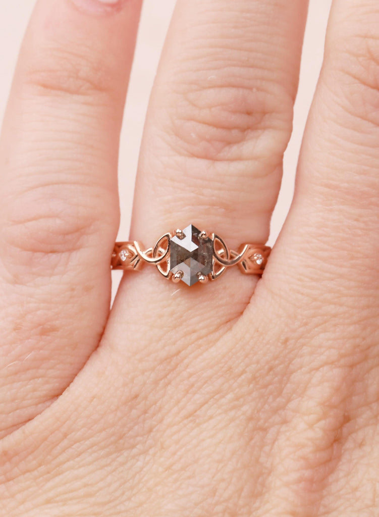 Hexagon Salt Pepper Diamond Ring, Vintage 14K Rose Gold, Celtic Art Deco Engagement For Her image #15