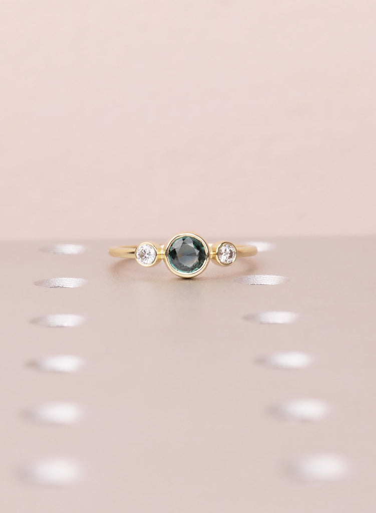 Teal Sapphire Engagement Ring, 14K Gold Bezel Set Ring, Dainty Blue Green Sapphire Diamond Trilogy Ring, Unique Three Stone Promise Ring
