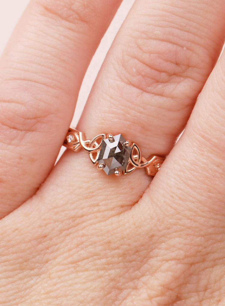 Hexagon Salt Pepper Diamond Ring, Vintage 14K Rose Gold, Celtic Art Deco Engagement For Her