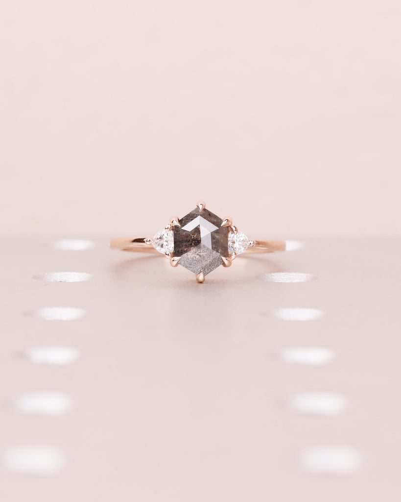 Hexagon Salt & Pepper Diamond Engagement Ring / 14K Yellow Rose White Gold / Trillion Cut Accents / Gray Black Diamond Ring / Bridal Jewelry image #3