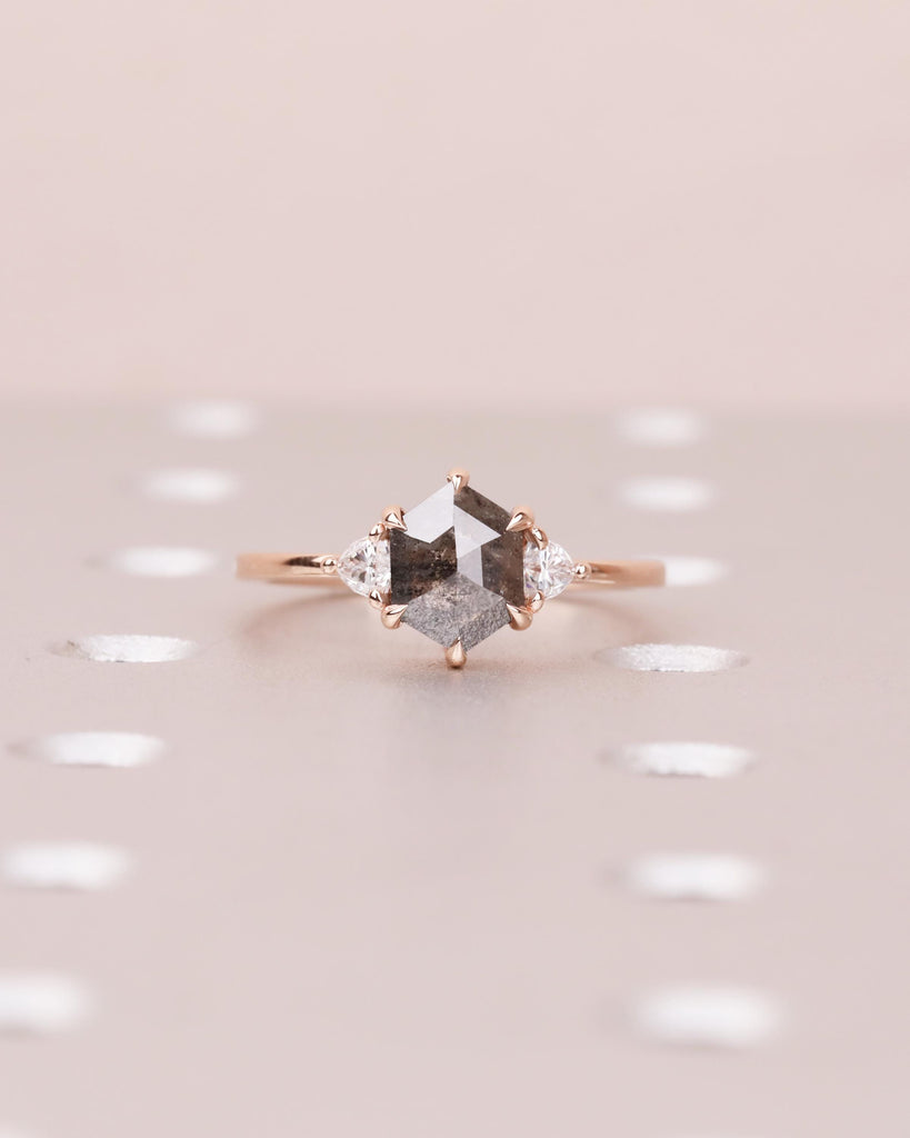 Hexagon Salt & Pepper Diamond Engagement Ring / 14K Yellow Rose White Gold / Trillion Cut Accents / Gray Black Diamond Ring / Bridal Jewelry image #4