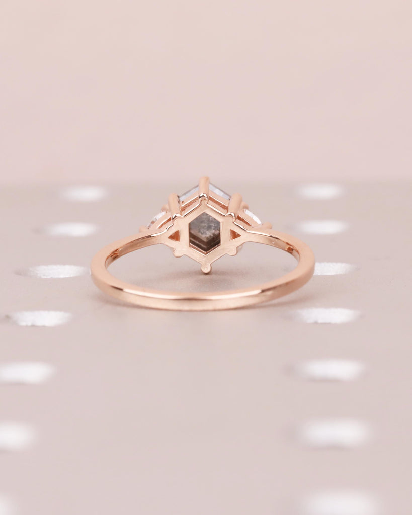 Hexagon Salt & Pepper Diamond Engagement Ring / 14K Yellow Rose White Gold / Trillion Cut Accents / Gray Black Diamond Ring / Bridal Jewelry image #6
