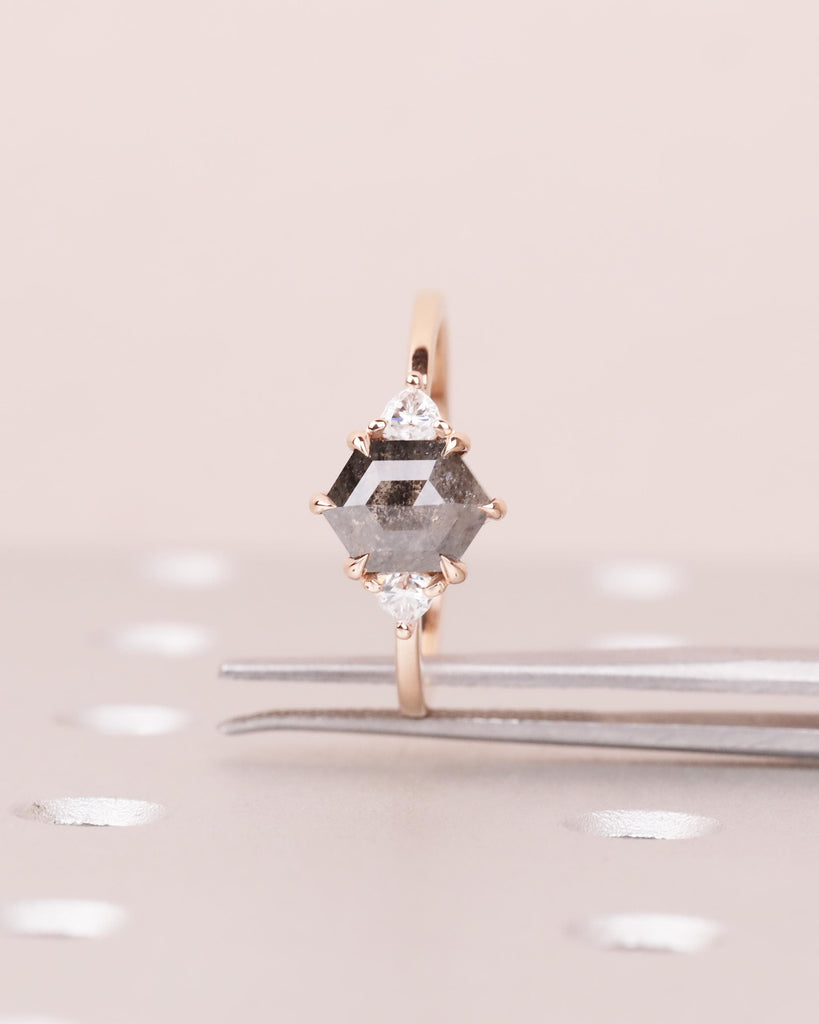 Hexagon Salt & Pepper Diamond Engagement Ring / 14K Yellow Rose White Gold / Trillion Cut Accents / Gray Black Diamond Ring / Bridal Jewelry image #7