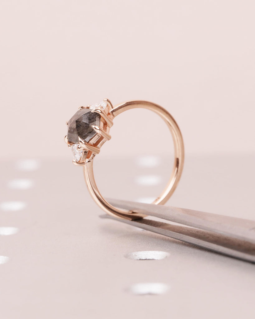 Hexagon Salt & Pepper Diamond Engagement Ring / 14K Yellow Rose White Gold / Trillion Cut Accents / Gray Black Diamond Ring / Bridal Jewelry image #8