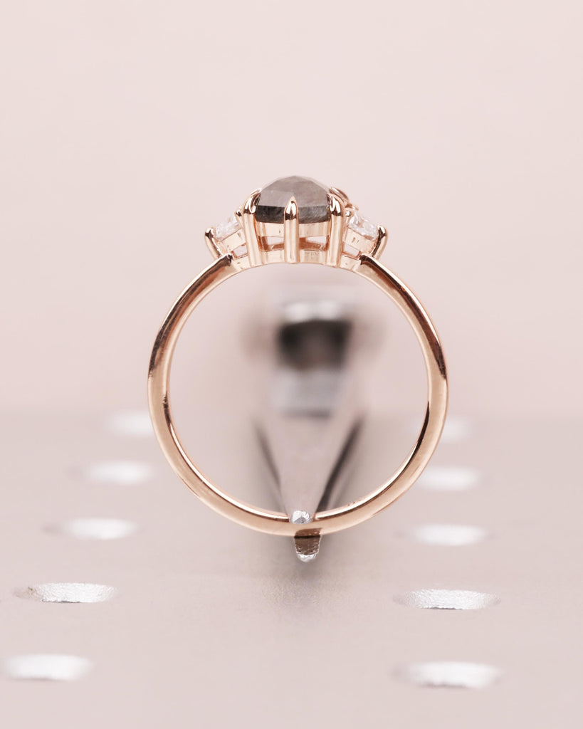 Hexagon Salt and Pepper Diamond Ring | 14K Rose Gold Promise Ring | Three Stone Engagement Ring | Trillion Cut Moissanite or Diamond Accents image #7