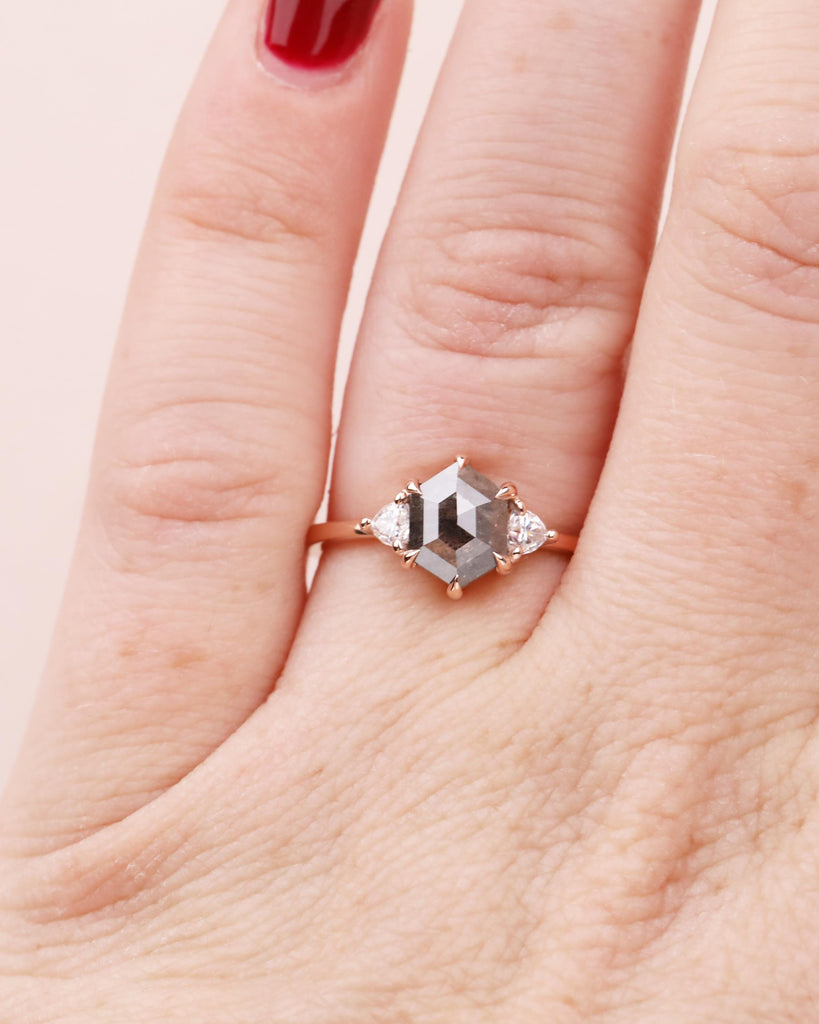 Hexagon Salt & Pepper Diamond Engagement Ring / 14K Yellow Rose White Gold / Trillion Cut Accents / Gray Black Diamond Ring / Bridal Jewelry image #2
