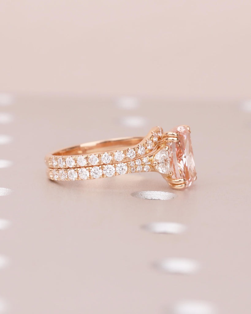 Bridal Ring Set, Cushion Cut Pink Lab Grown Diamond Engagement Ring with Moissanite Accents image #13