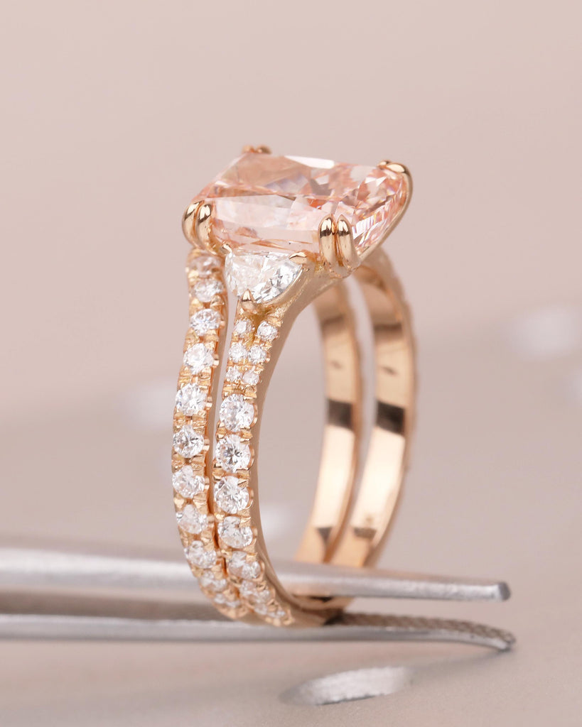 Bridal Ring Set, Cushion Cut Pink Lab Grown Diamond Engagement Ring with Moissanite Accents image #15