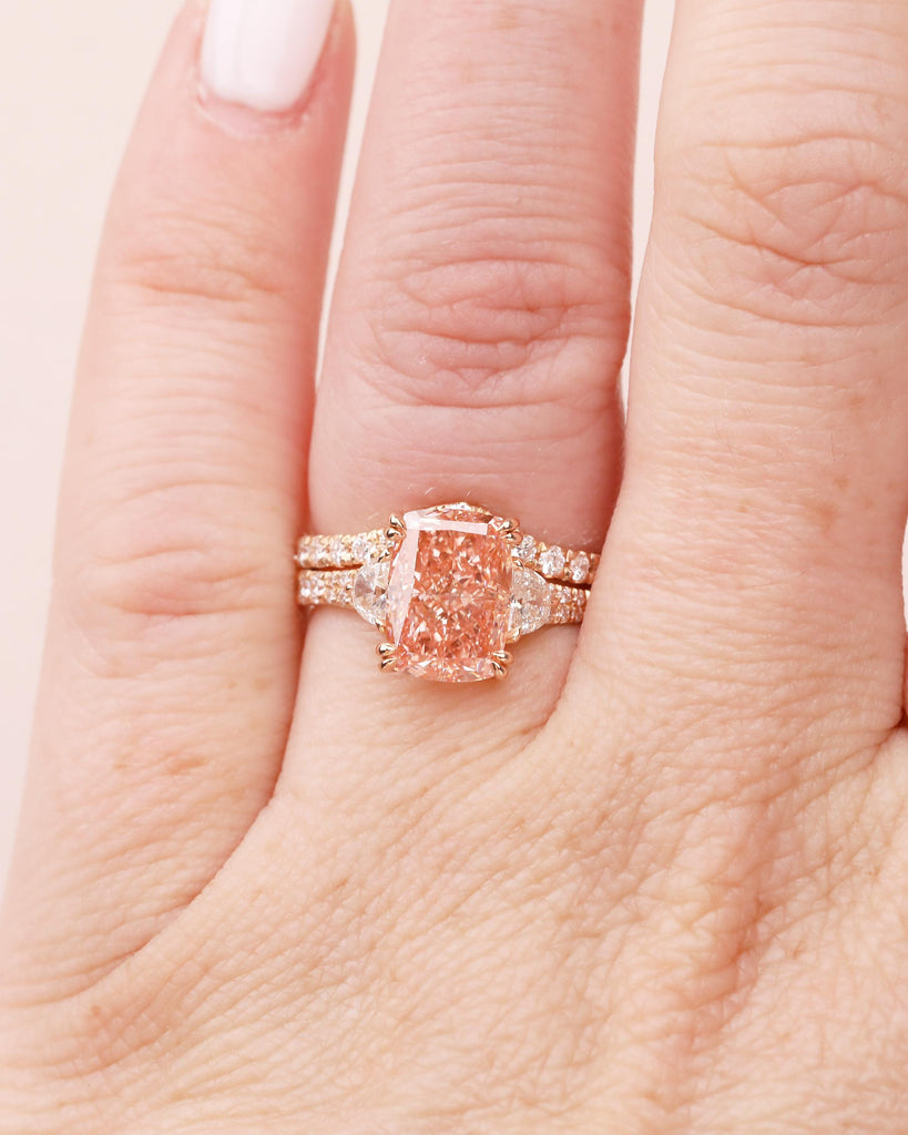 Bridal Ring Set, Cushion Cut Pink Lab Grown Diamond Engagement Ring with Moissanite Accents image #8