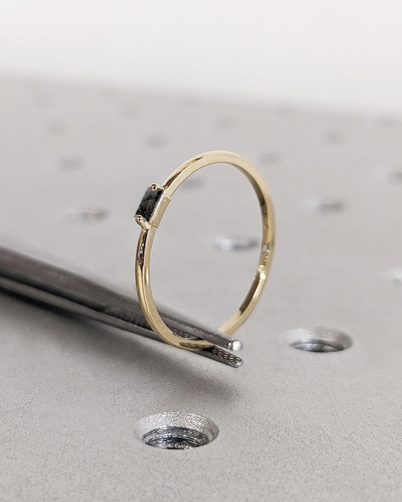 Salt and Pepper Diamond Baguette Ring, 14K Solid Gold, 1.1MM Thin Wedding Band, Dainty Gold Ring, Minimalist Stacking Ring, Rings for Women image #2