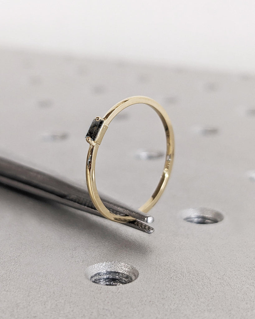 Dainty Baguette Diamond Ring: Salt and Pepper Diamond, 14K Solid Gold, 1.1MM Thin, Minimalist Stackable Ring, Women's Wedding Band