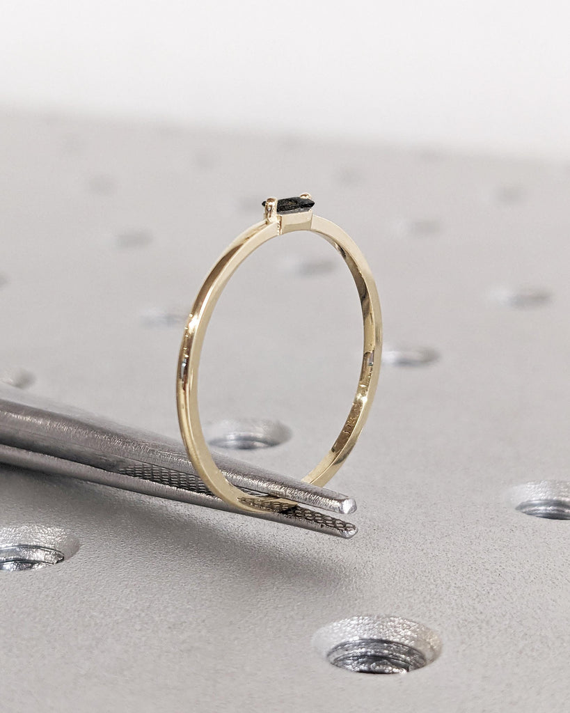 Salt and Pepper Diamond Baguette Ring, 14K Solid Gold, 1.1MM Thin Wedding Band, Dainty Gold Ring, Minimalist Stacking Ring, Rings for Women image #6