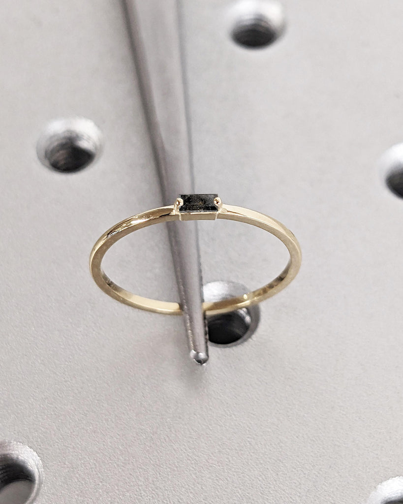 Salt and Pepper Diamond Baguette Ring, 14K Solid Gold, 1.1MM Thin Wedding Band, Dainty Gold Ring, Minimalist Stacking Ring, Rings for Women image #5