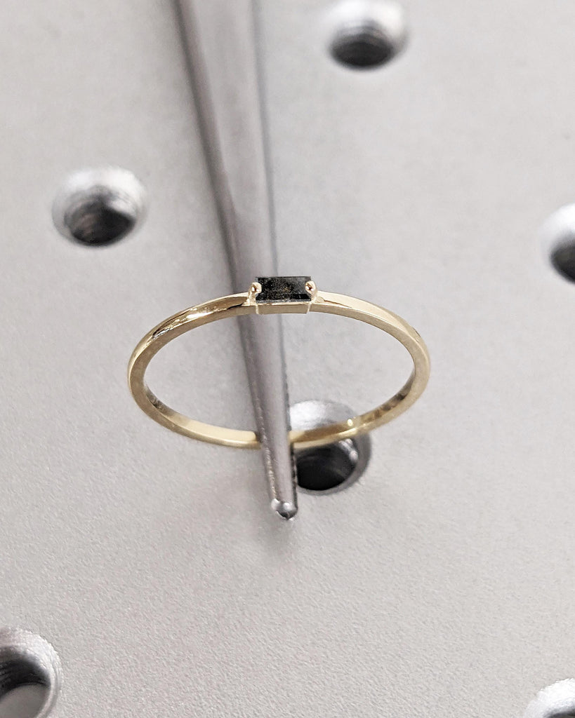 Dainty Baguette Diamond Ring: Salt and Pepper Diamond, 14K Solid Gold, 1.1MM Thin, Minimalist Stackable Ring, Women's Wedding Band image #5