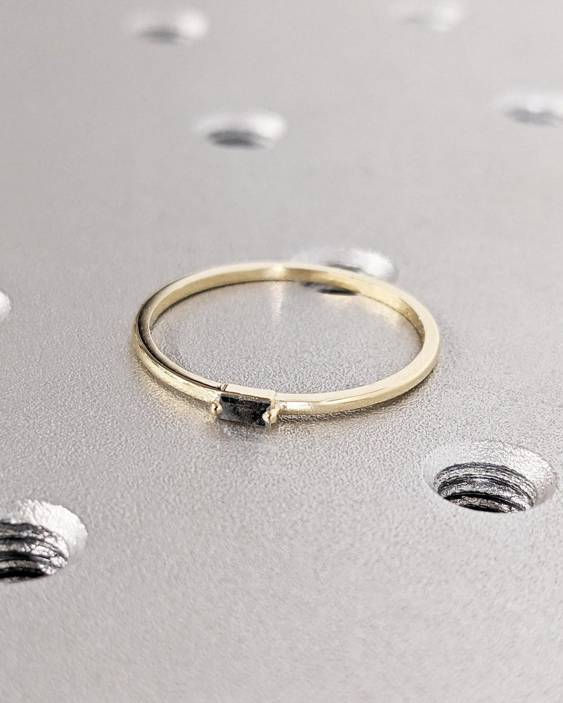Salt and Pepper Diamond Baguette Ring, 14K Solid Gold, 1.1MM Thin Wedding Band, Dainty Gold Ring, Minimalist Stacking Ring, Rings for Women