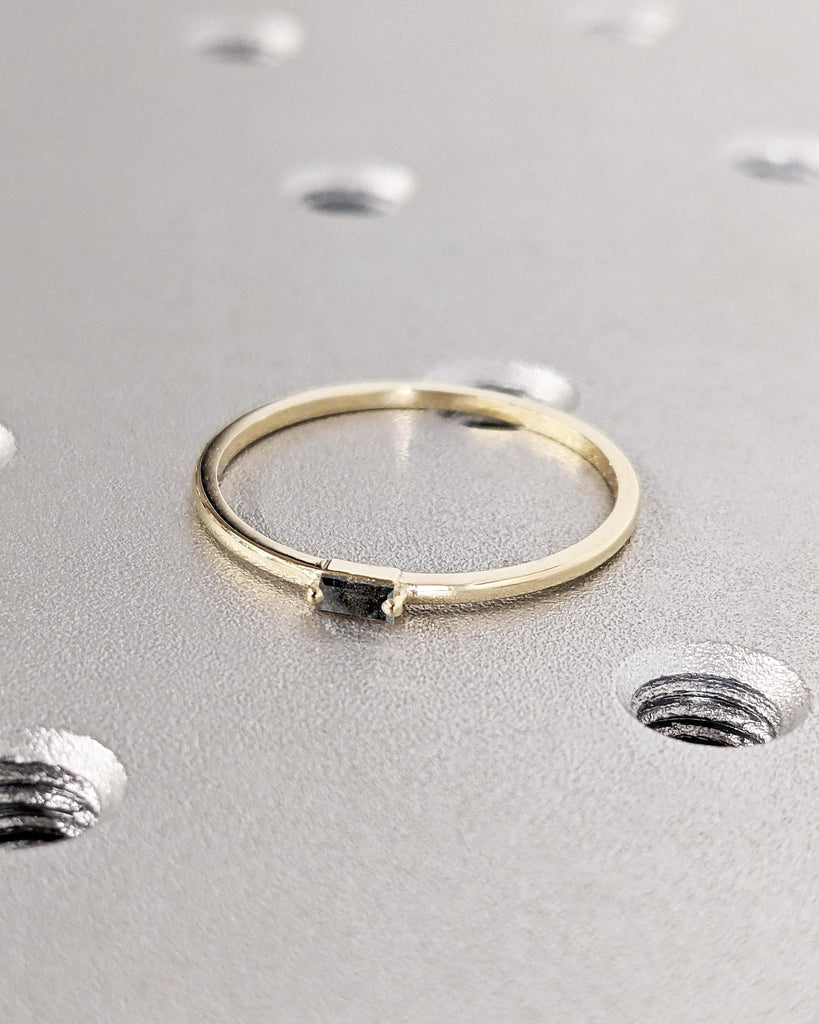 Dainty Baguette Diamond Ring: Salt and Pepper Diamond, 14K Solid Gold, 1.1MM Thin, Minimalist Stackable Ring, Women's Wedding Band image #4