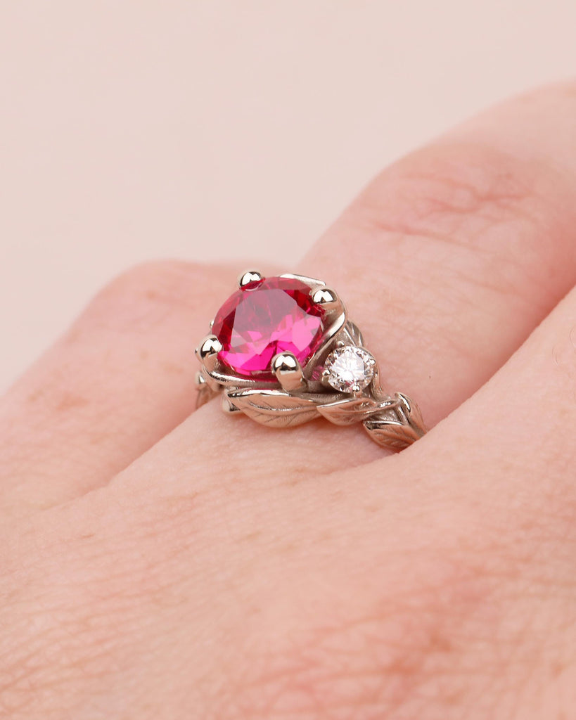 14k Gold Ruby Ring for Women, Vintage Engagement Ring, Three Stone Nature Jewelry image #10
