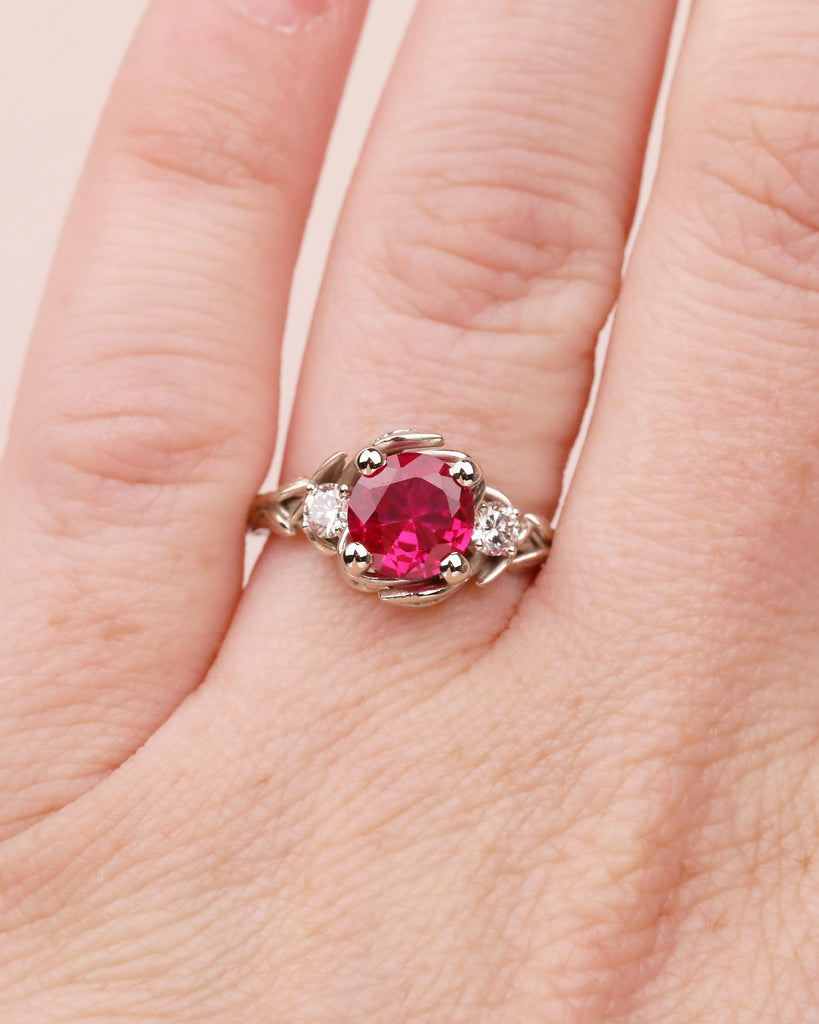 Round Ruby Engagement Ring, Vintage 14k White Gold Nature Inspired Ring, Promise Ring for Her, Art Deco Wedding Rings, Unique Bridal Jewelry image #16