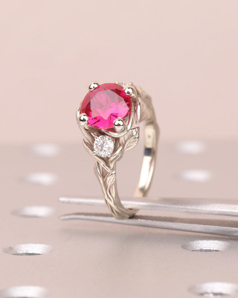 14k Gold Ruby Ring for Women, Vintage Engagement Ring, Three Stone Nature Jewelry image #3