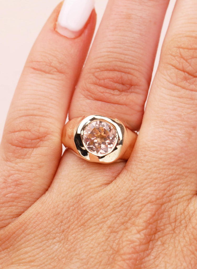 14K Gold Dome Pink Lab Morganite Bezel Ring, Unique Yellow Gold Engagement Ring, Cocktail Ring