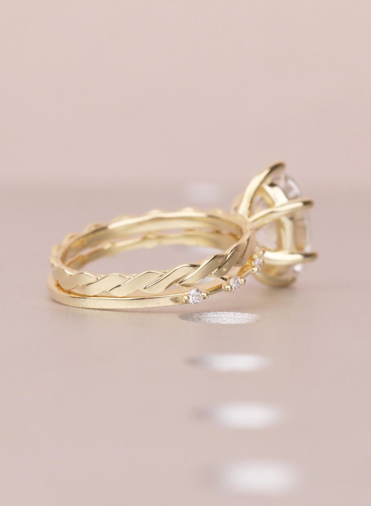 Art Deco Moissanite Ring Set, 14K Yellow Gold Oval Moissanite Engagement Ring, Twisted Matching Wedding Band, Custom Wedding Ring For Her image #3