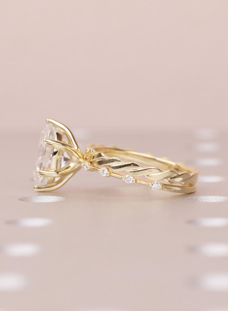 Art Deco Moissanite Ring Set, 14K Yellow Gold Oval Moissanite Engagement Ring, Twisted Matching Wedding Band, Custom Wedding Ring For Her image #5