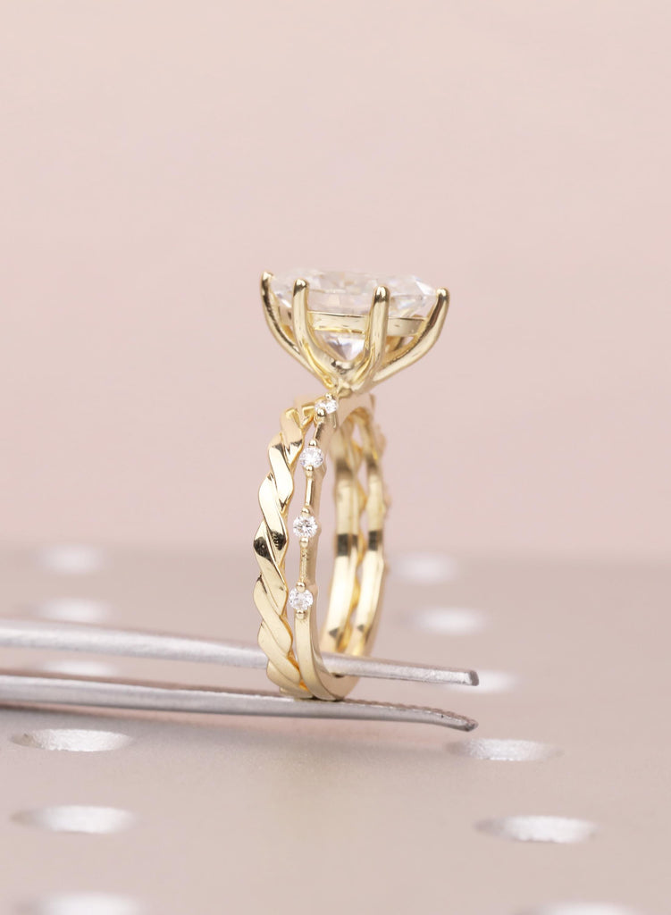 Art Deco Moissanite Ring Set, 14K Yellow Gold Oval Moissanite Engagement Ring, Twisted Matching Wedding Band, Custom Wedding Ring For Her image #11