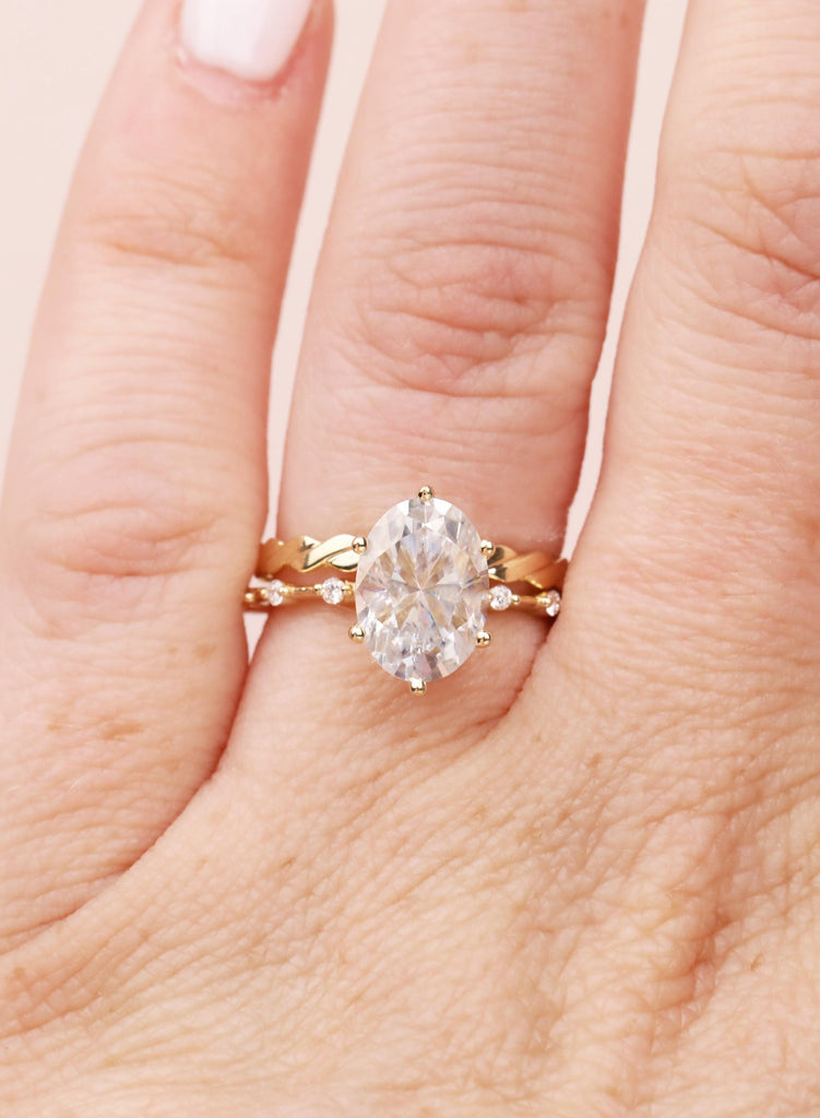 Art Deco Moissanite Ring Set, 14K Yellow Gold Oval Moissanite Engagement Ring, Twisted Matching Wedding Band, Custom Wedding Ring For Her image #14