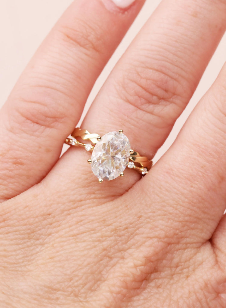 Art Deco Moissanite Ring Set, 14K Yellow Gold Oval Moissanite Engagement Ring, Twisted Matching Wedding Band, Custom Wedding Ring For Her image #15