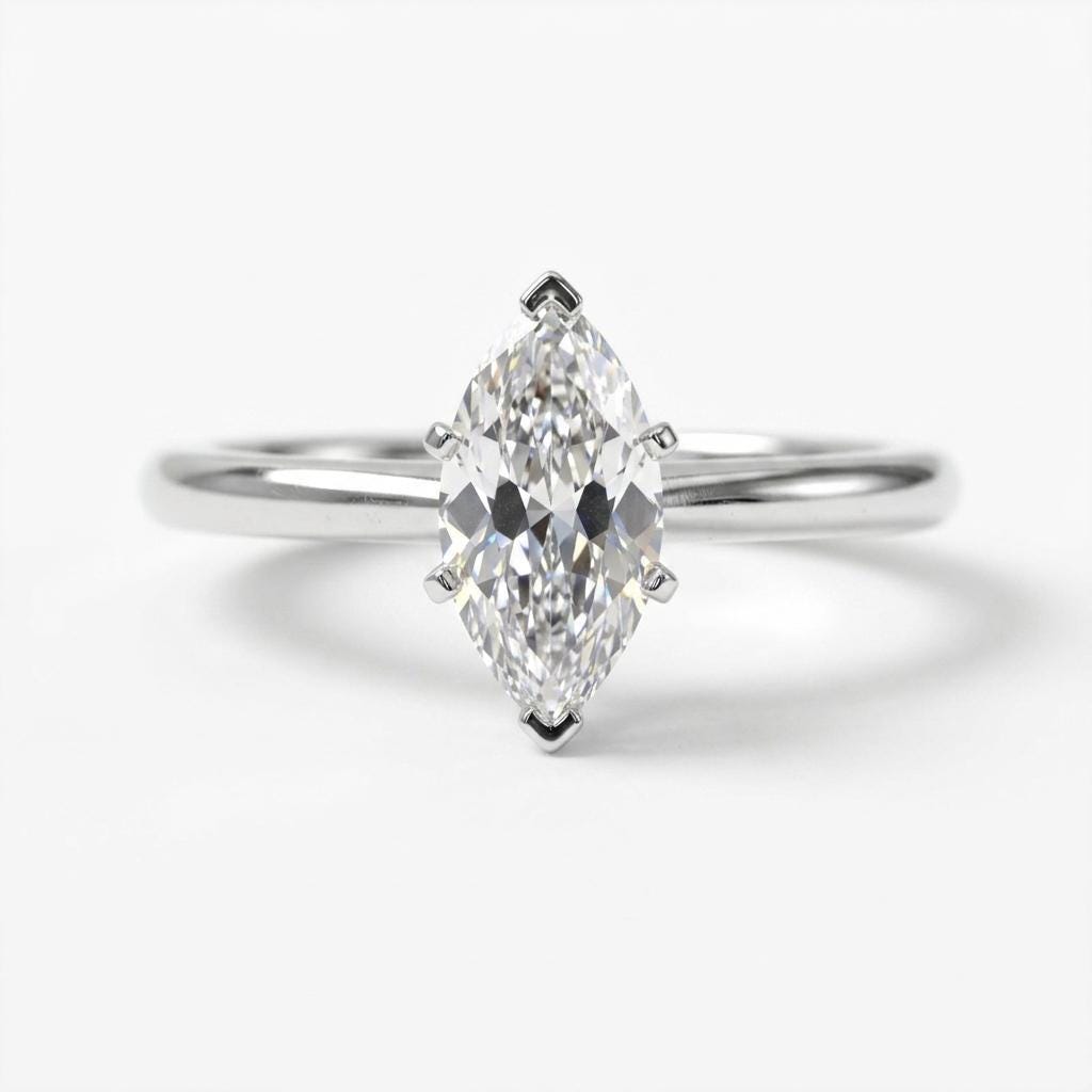 Petite Solitaire Engagement Ring in Platinum 14K 18K Gold Marquise Moissanite, Classic Bridal Jewelry, Personalized Diamond Alternative Ring