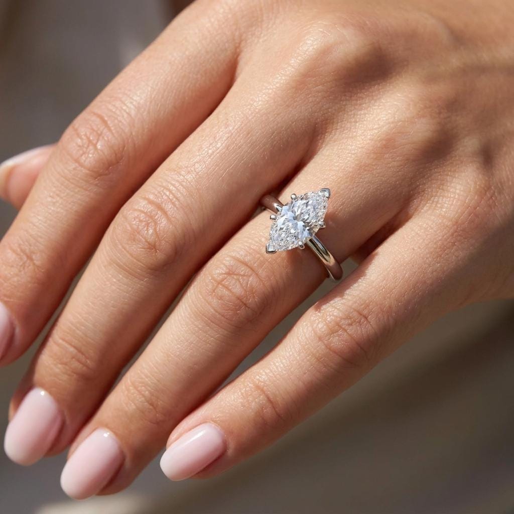 Petite Solitaire Engagement Ring in Platinum 14K 18K Gold Marquise Moissanite, Classic Bridal Jewelry, Personalized Diamond Alternative Ring image #3
