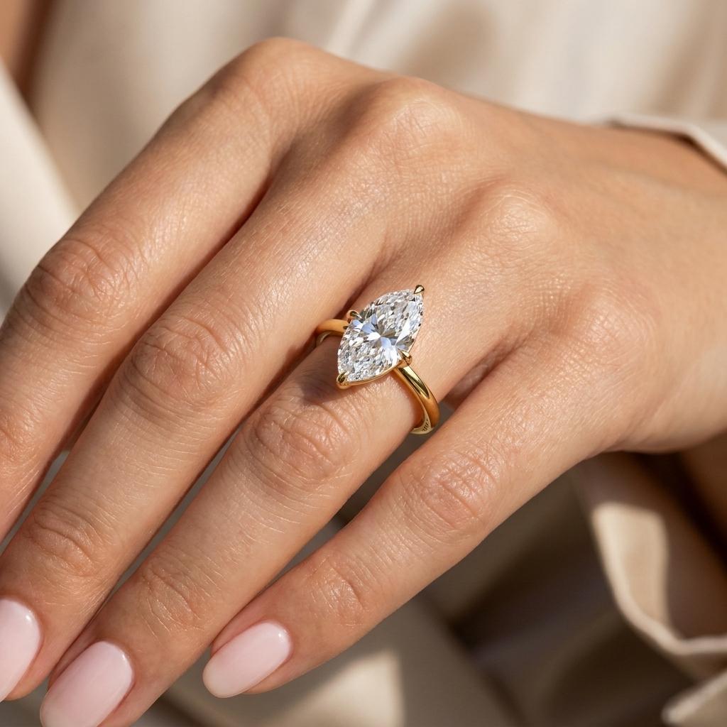 14k Yellow Gold Minimalist Moissanite Proposal Ring | Marquise Solitaire 4-Prong Wedding Rings for Women | Bridal Jewelry